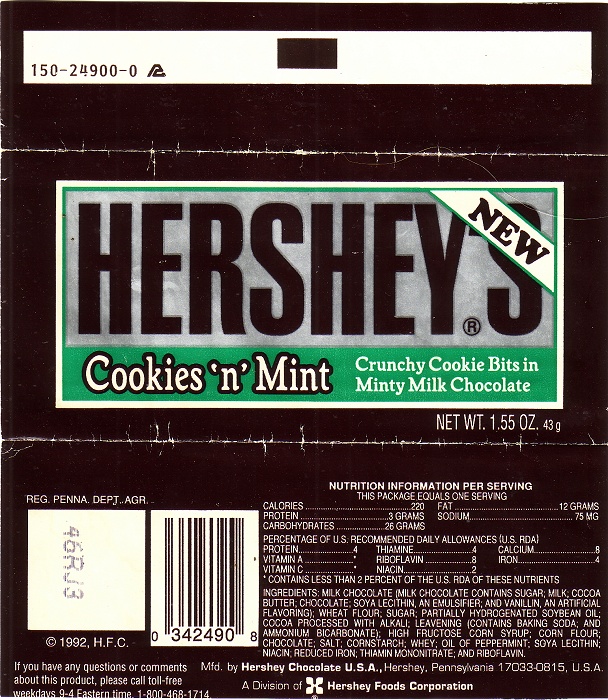 1992 Hersheys Cookies n Mint Candy Wrapper