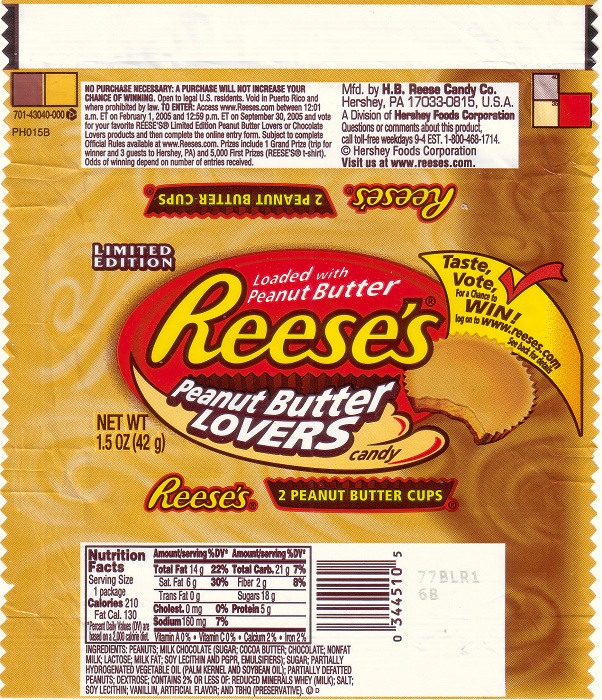 2005 Reeses Peanut Butter Lover Candy Wrapper