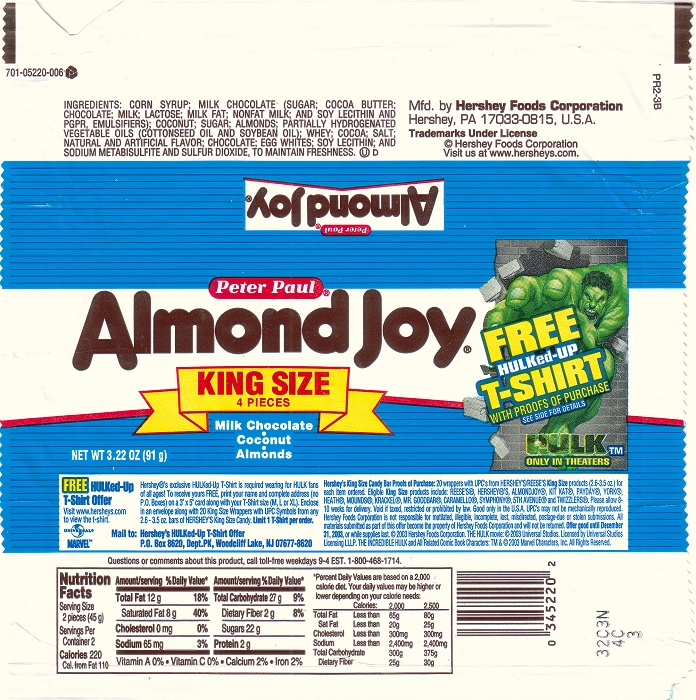 2003 Almond Joy Candy Wrapper