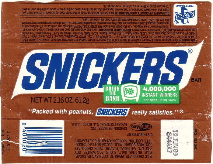 1989 Snickers Candy Wrapper