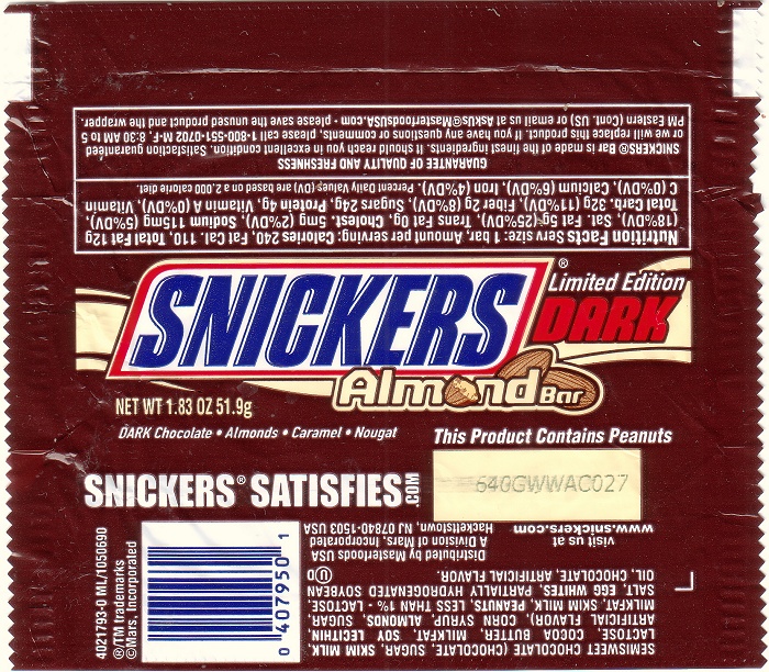2006 Snickers Almond Dark Candy Wrapper