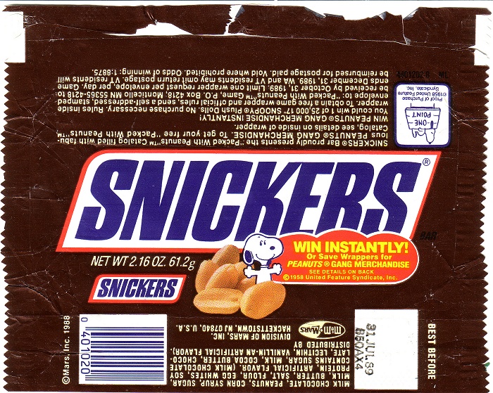 1988 Snickers Candy Wrapper