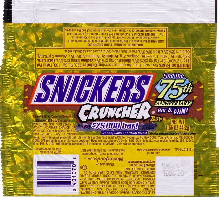 2006 Snickers Cruncher Candy Wrapper