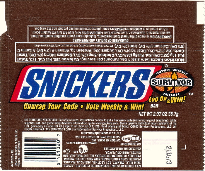 2002 Snickers Candy Wrapper